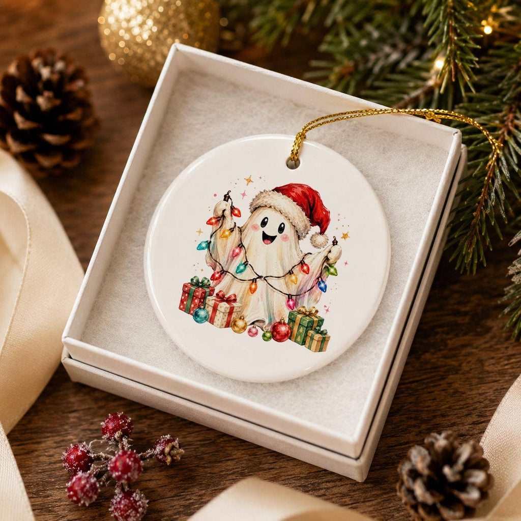 Ceramic Ghost with Santa Hat Christmas Ornament in Lights