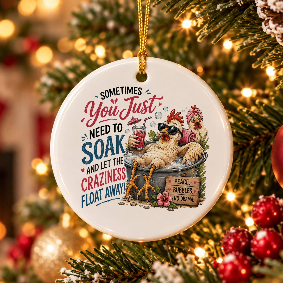 Cozy Tub Soaking Chicken Ceramic Ornament for Holiday Humor