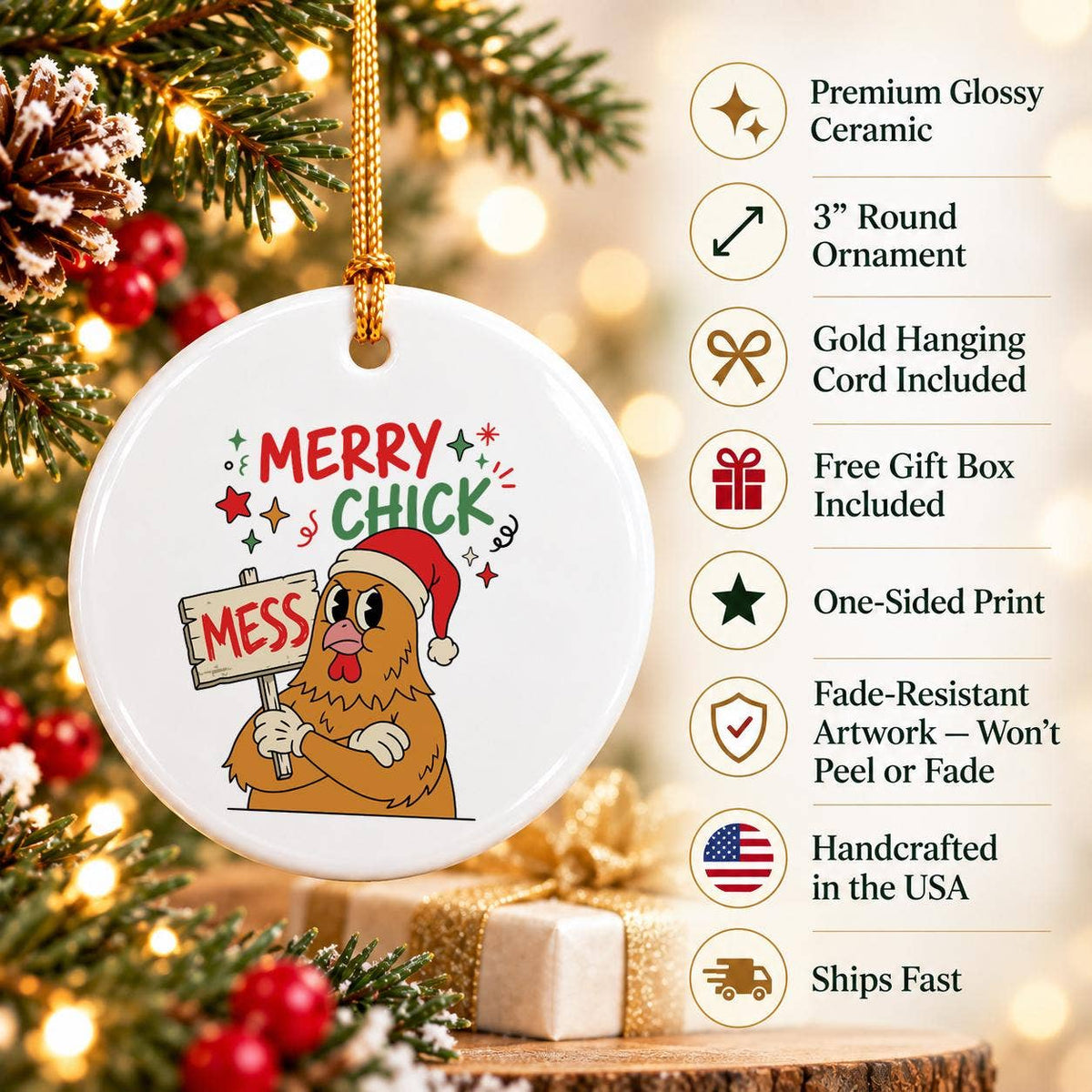 Humorous Santa Chicken Ceramic Ornament for Christmas Fun