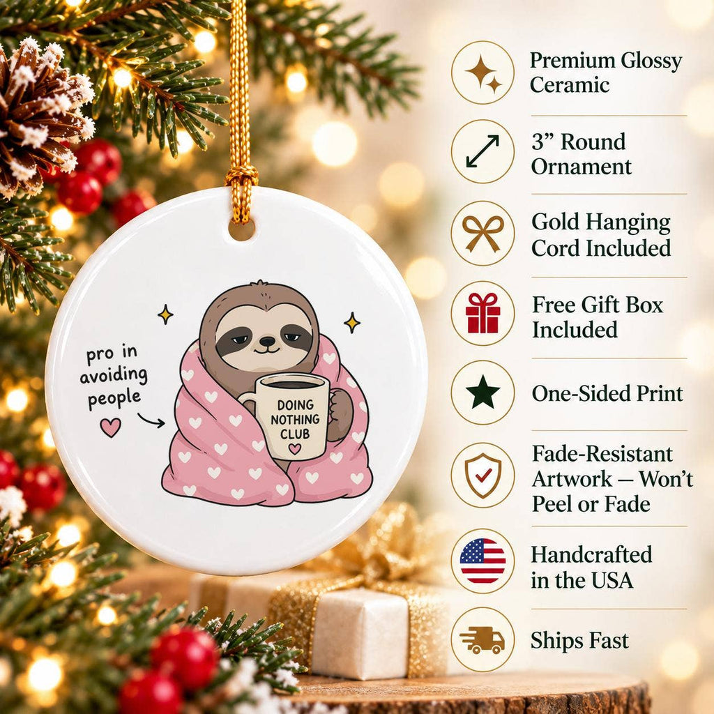 Introvert Sloth Ceramic Ornament with Heart Blanket & Mug