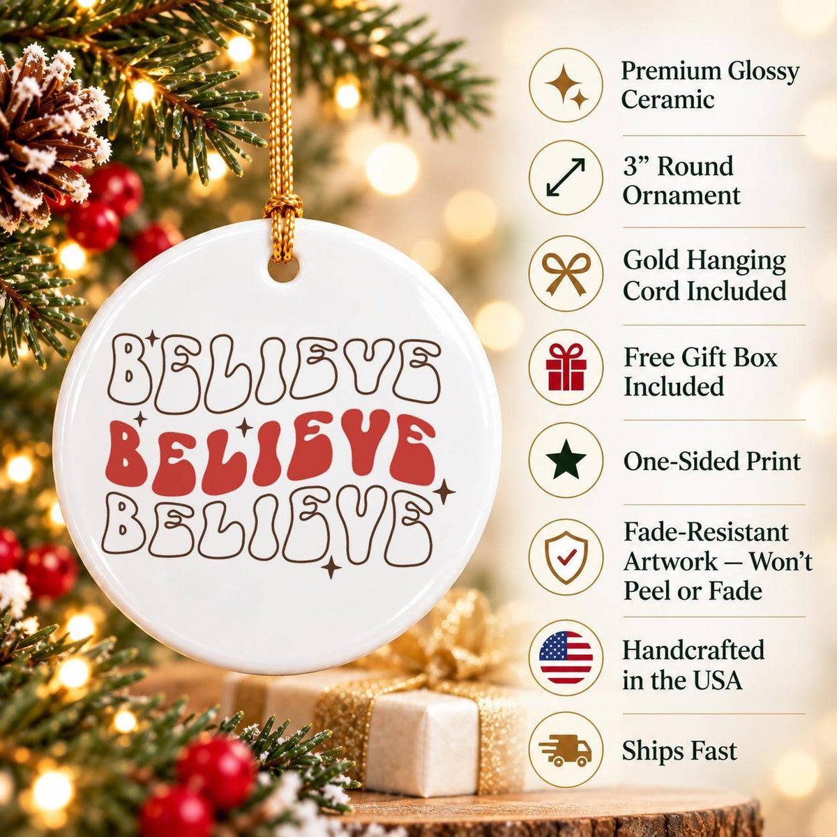 Believe Christmas Ceramic Ornament with Gift Box & Ribbon