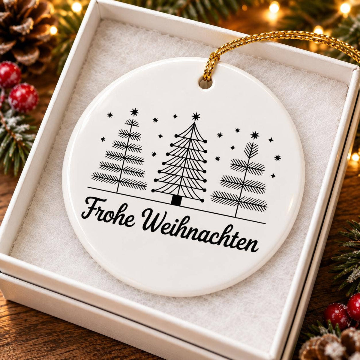 Frohe Weihnachten Ceramic Ornament with Trees & Star Accents