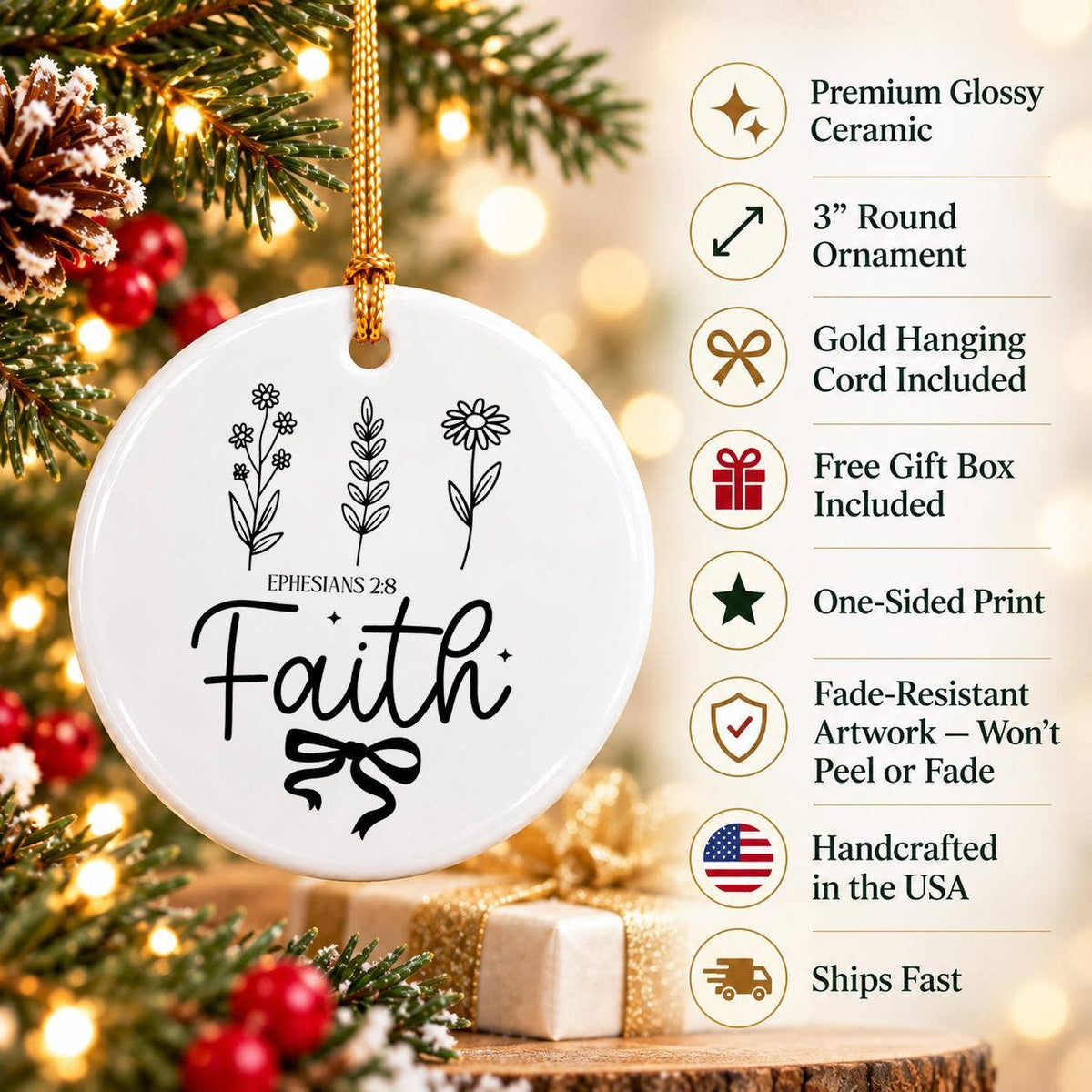 Elegant Faith Ornament: Ceramic Floral Christmas Keepsake