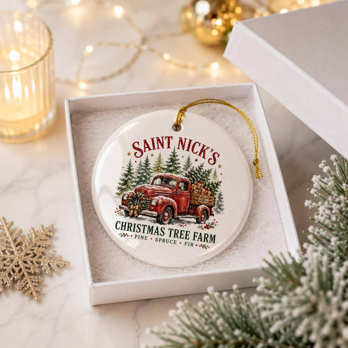 Saint Nicks Tree Farm Vintage Red Truck Christmas Ornament