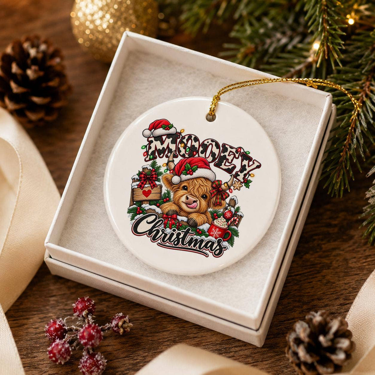 Festive Mooey Christmas Highland Cow Ceramic Santa Ornament