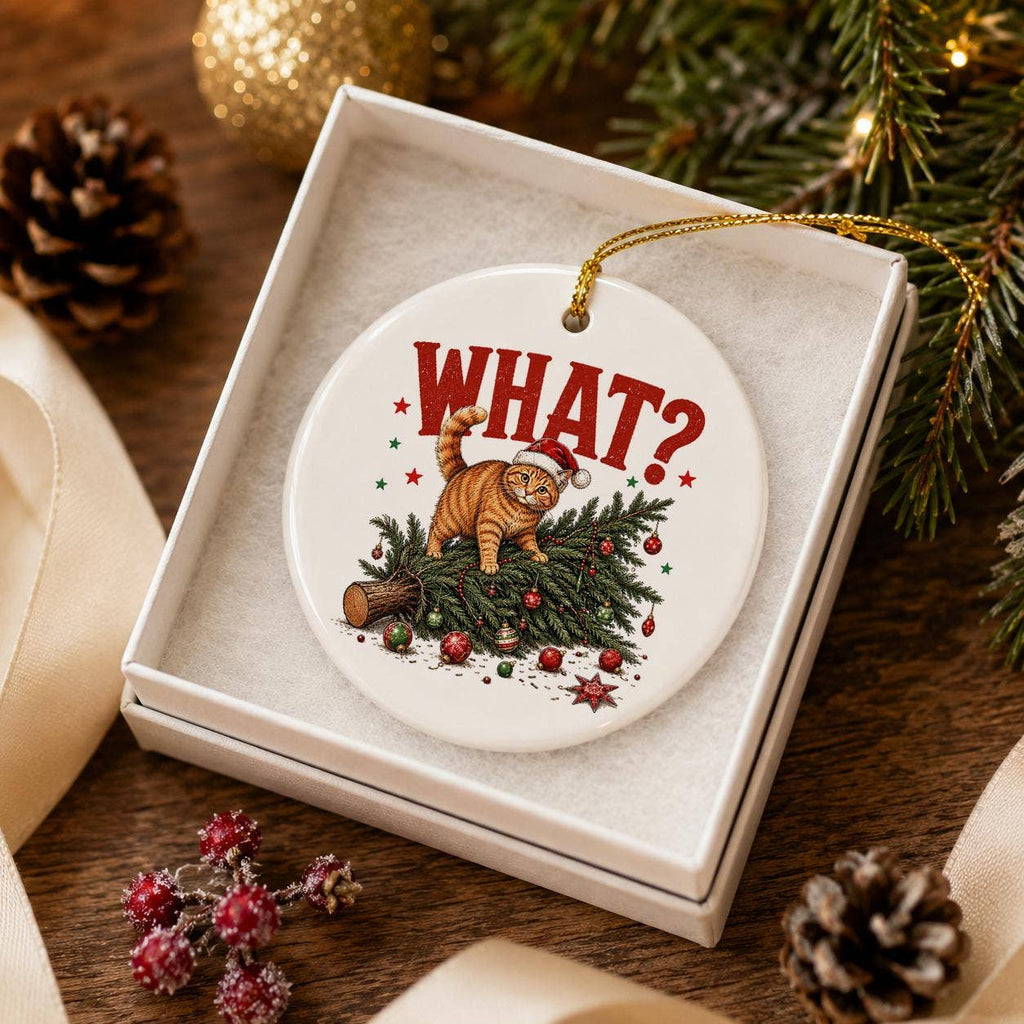 Cat Mischief Holiday Ceramic Ornament with Gift Box