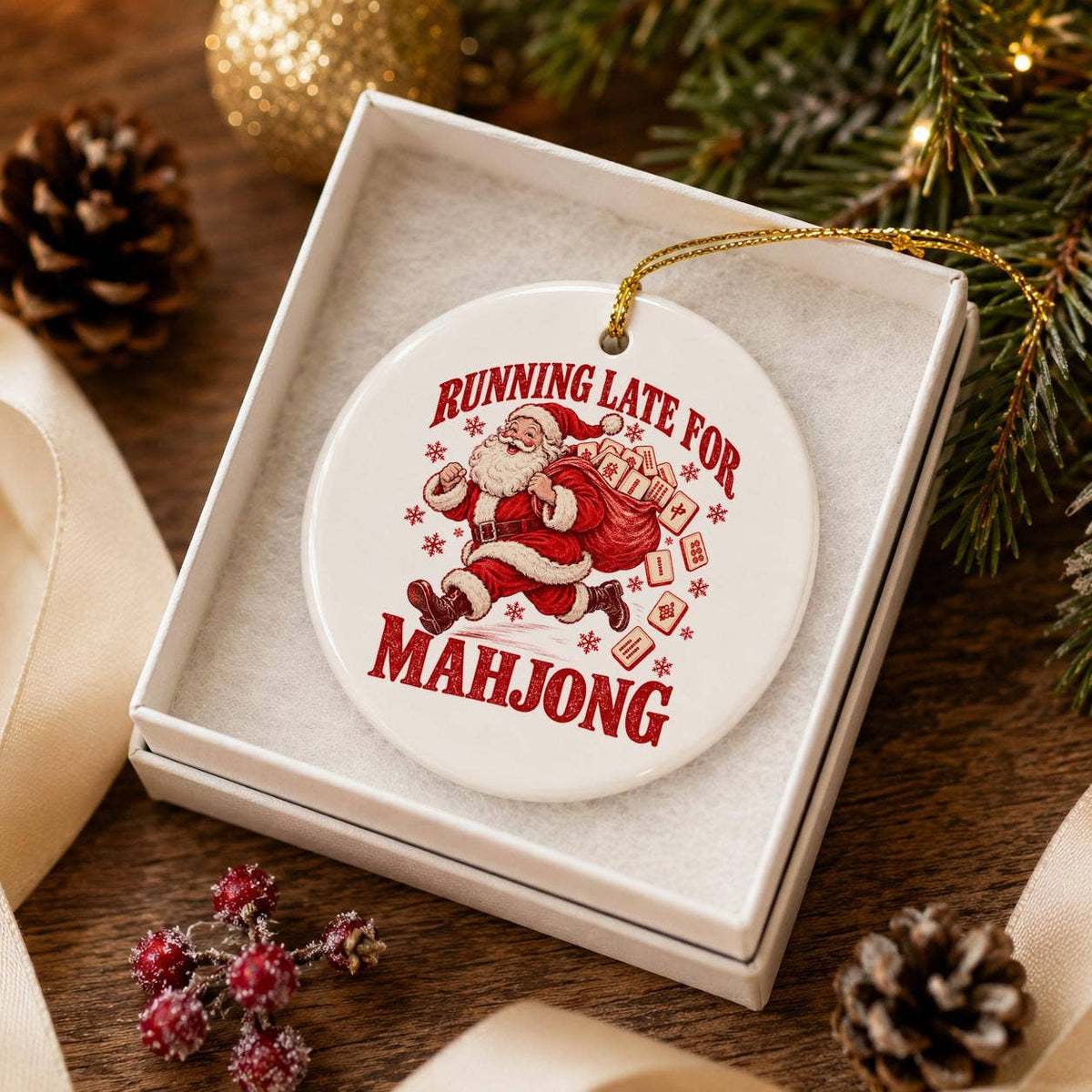 Santa Mahjong Christmas Ceramic Ornament Gift Boxed