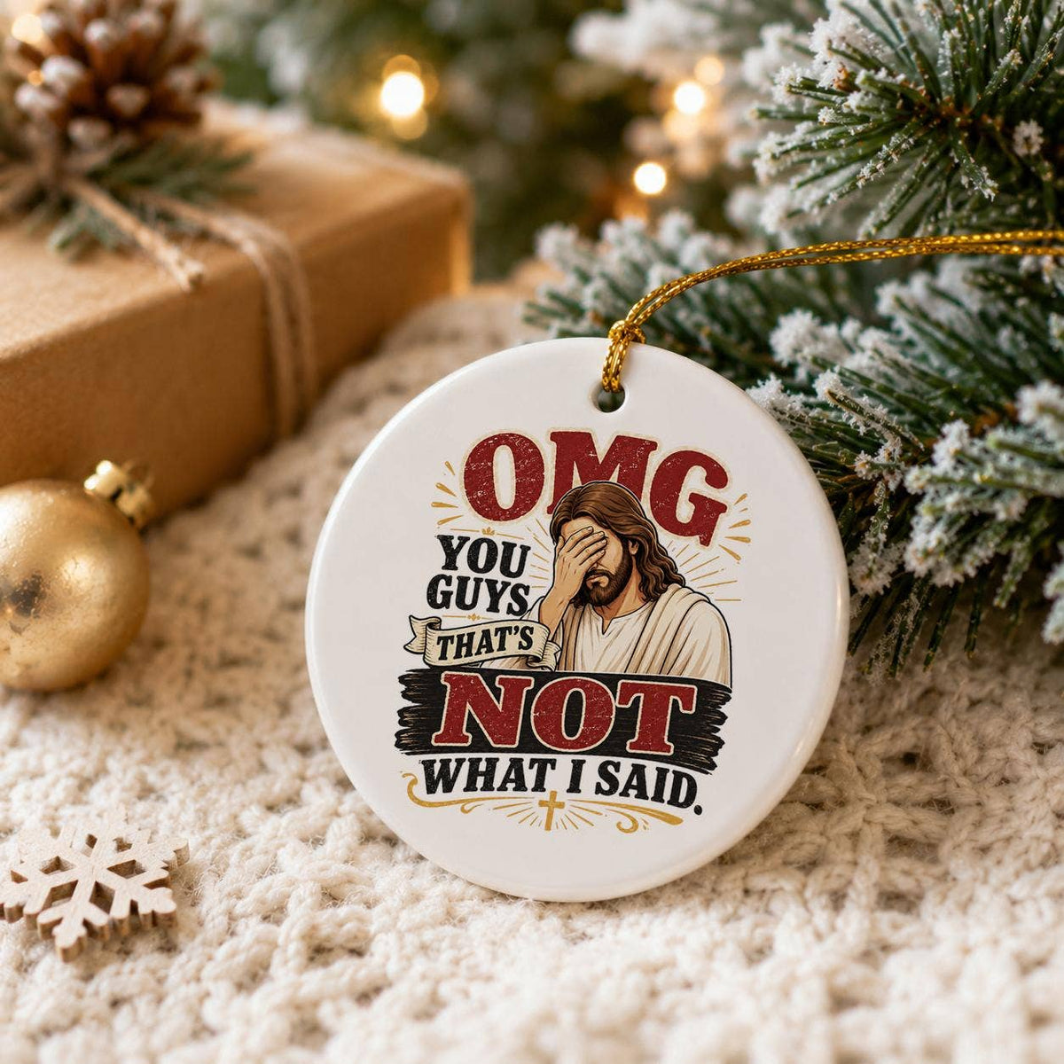 Humorous Ceramic Christmas Ornament with Jesus Design