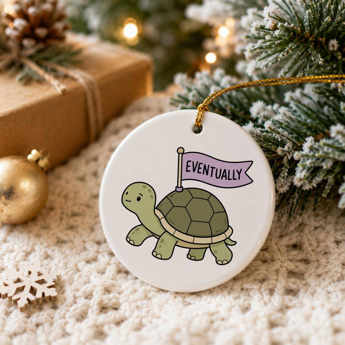 Charming Ceramic Turtle Christmas Ornament with Gold Ribbon