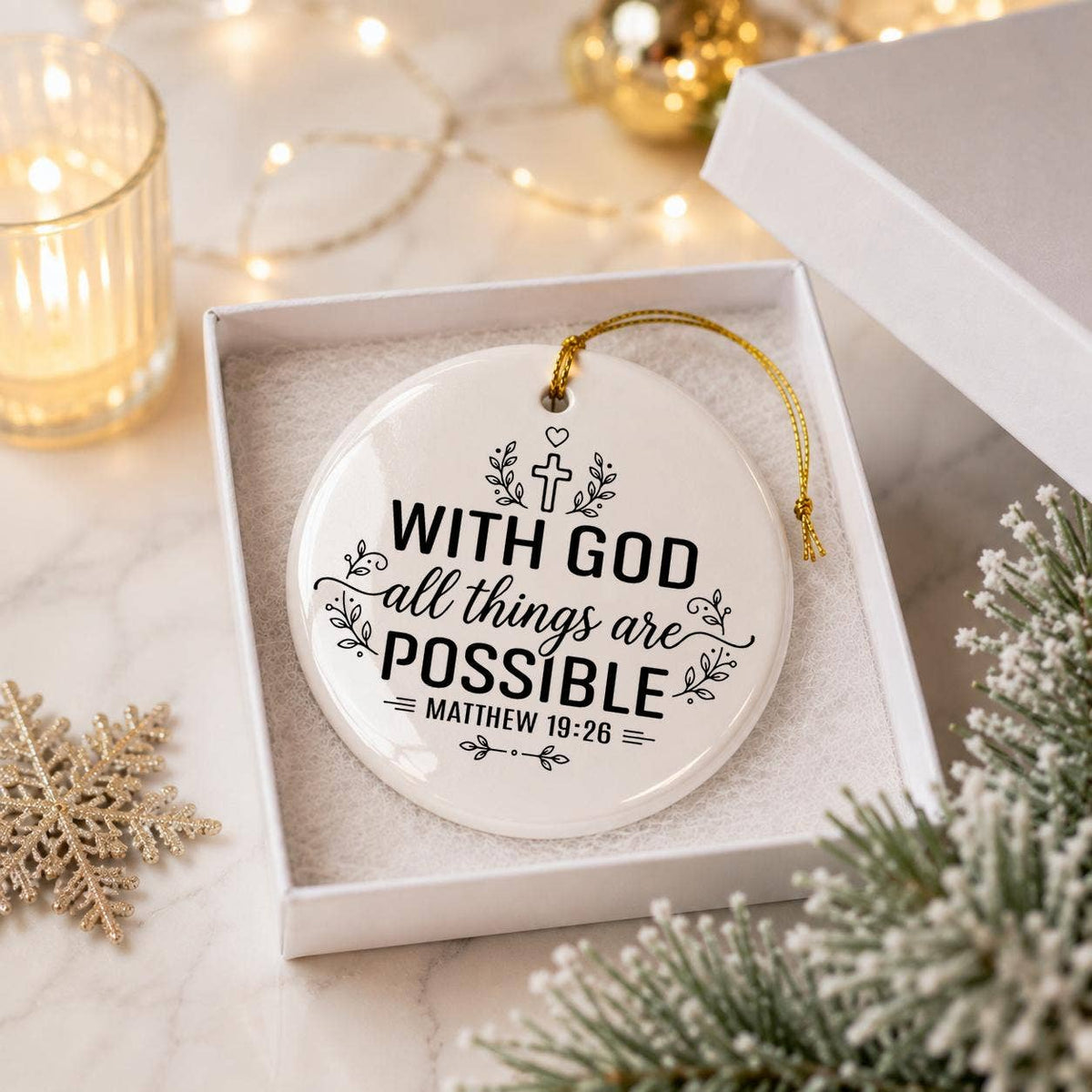 Ceramic Ornament: Cross, Laurel, "With God, All Possible