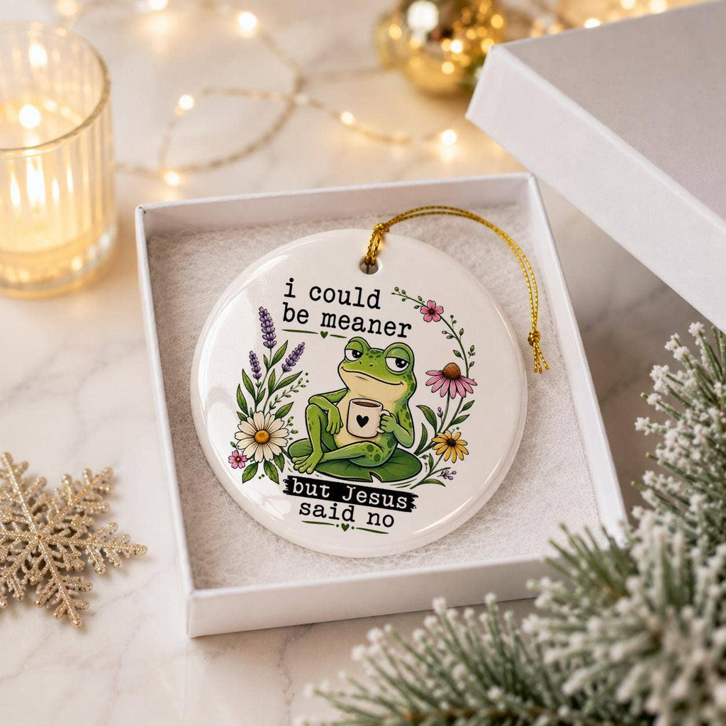 Humorous Frog with Jesus Quote Ceramic Holiday Ornament Gift