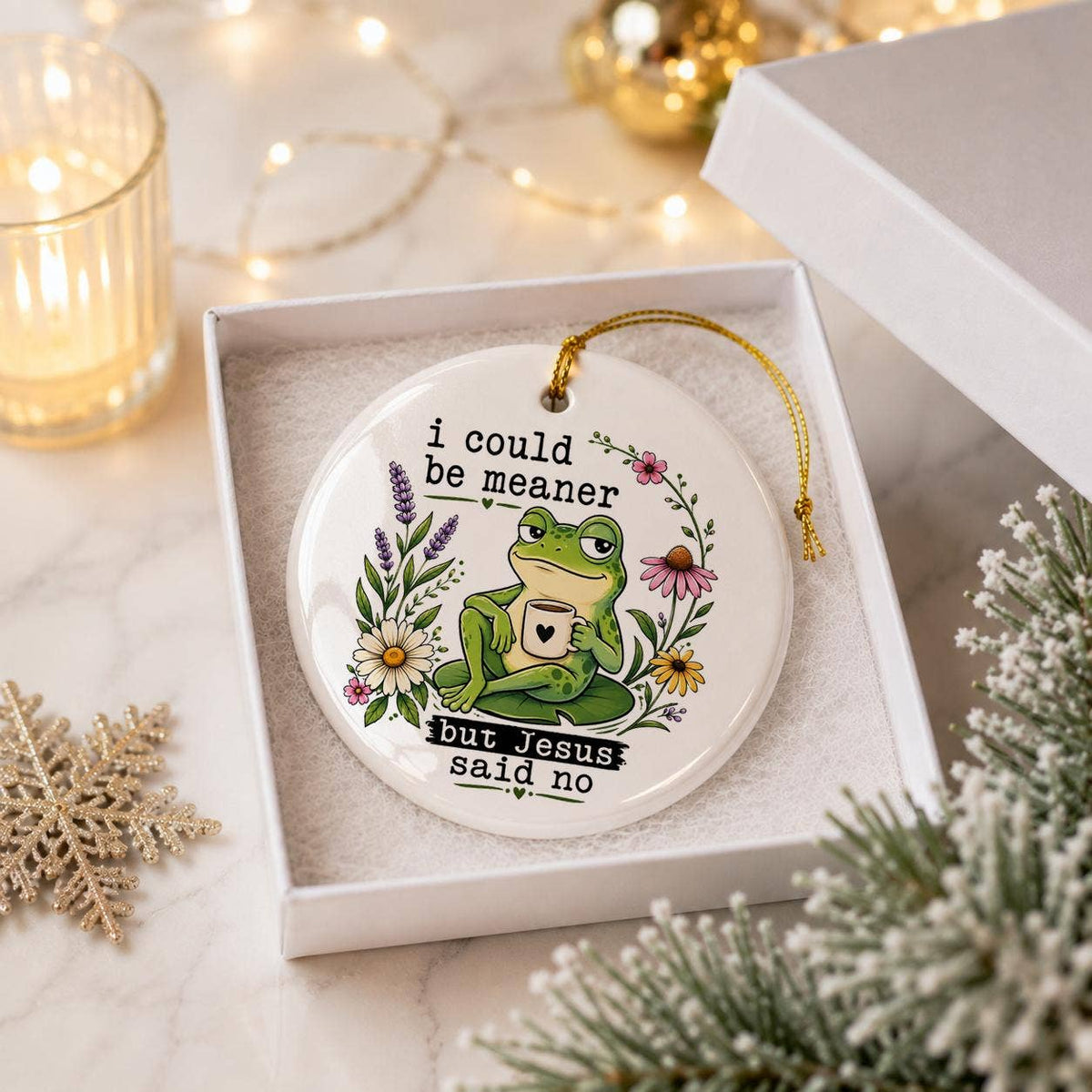 Humorous Frog with Jesus Quote Ceramic Holiday Ornament Gift