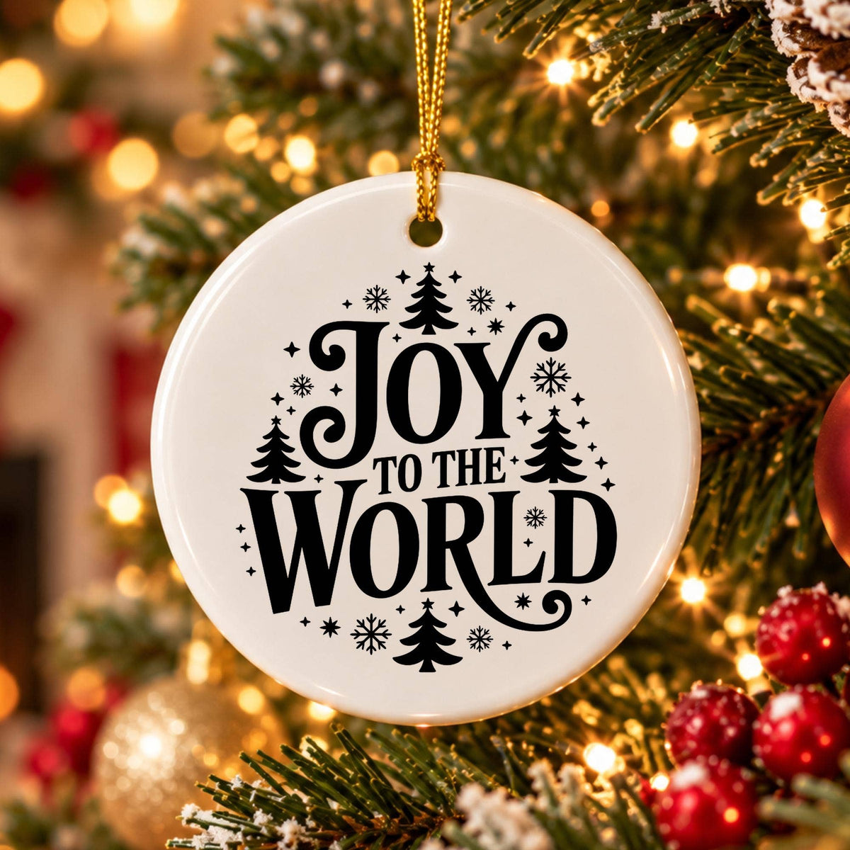 Joy to the World Ceramic Ornament with Snowflakes & Forest
