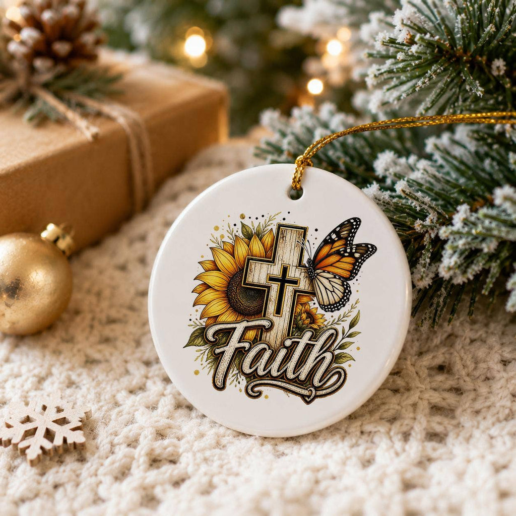 Faith Cross Sunflower Ceramic Ornament Gift Boxed