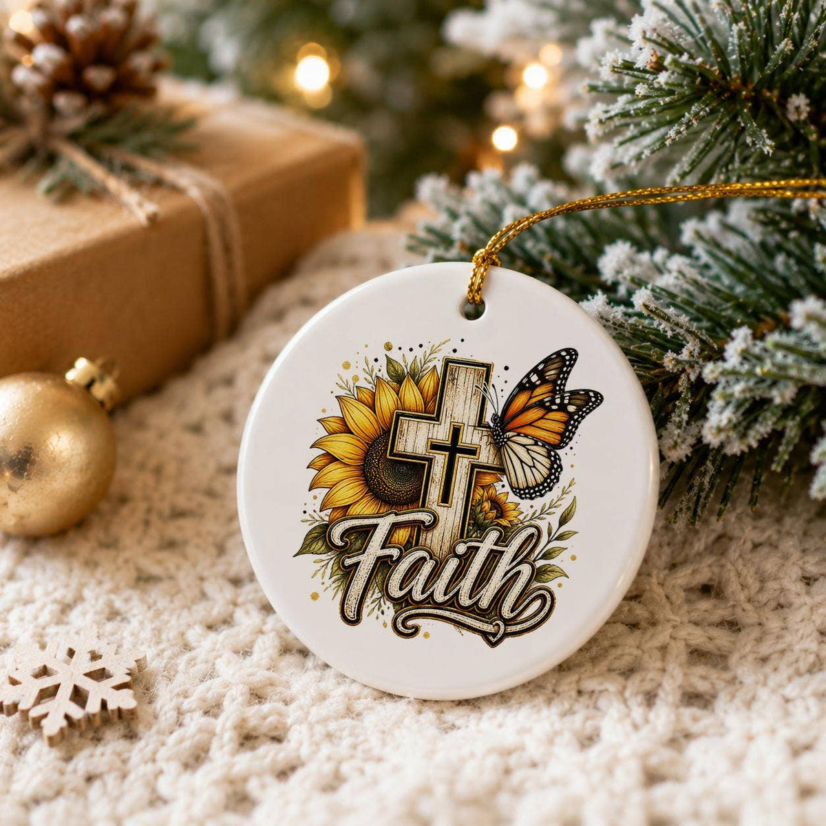Faith Cross Sunflower Ceramic Ornament Gift Boxed