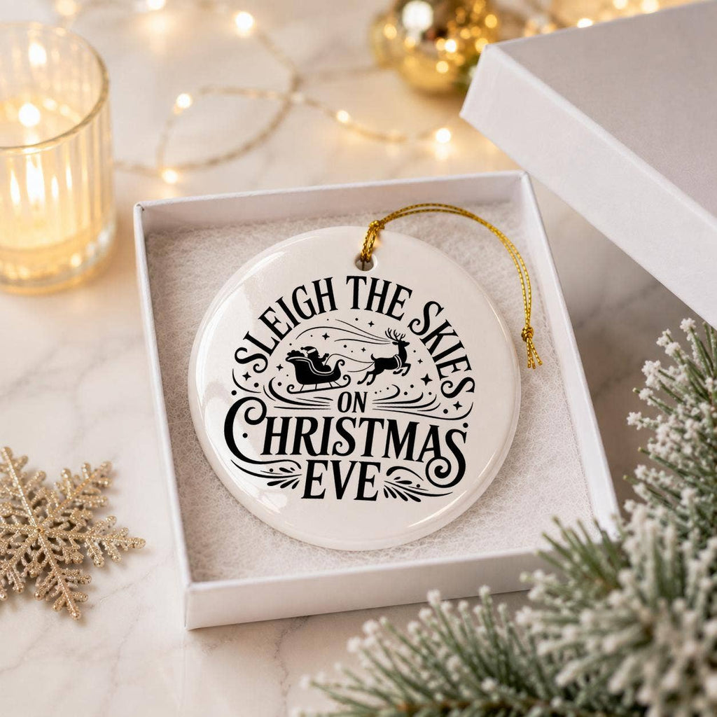 Glossy Ceramic Ornament: Festive Reindeer & Sleigh Scene