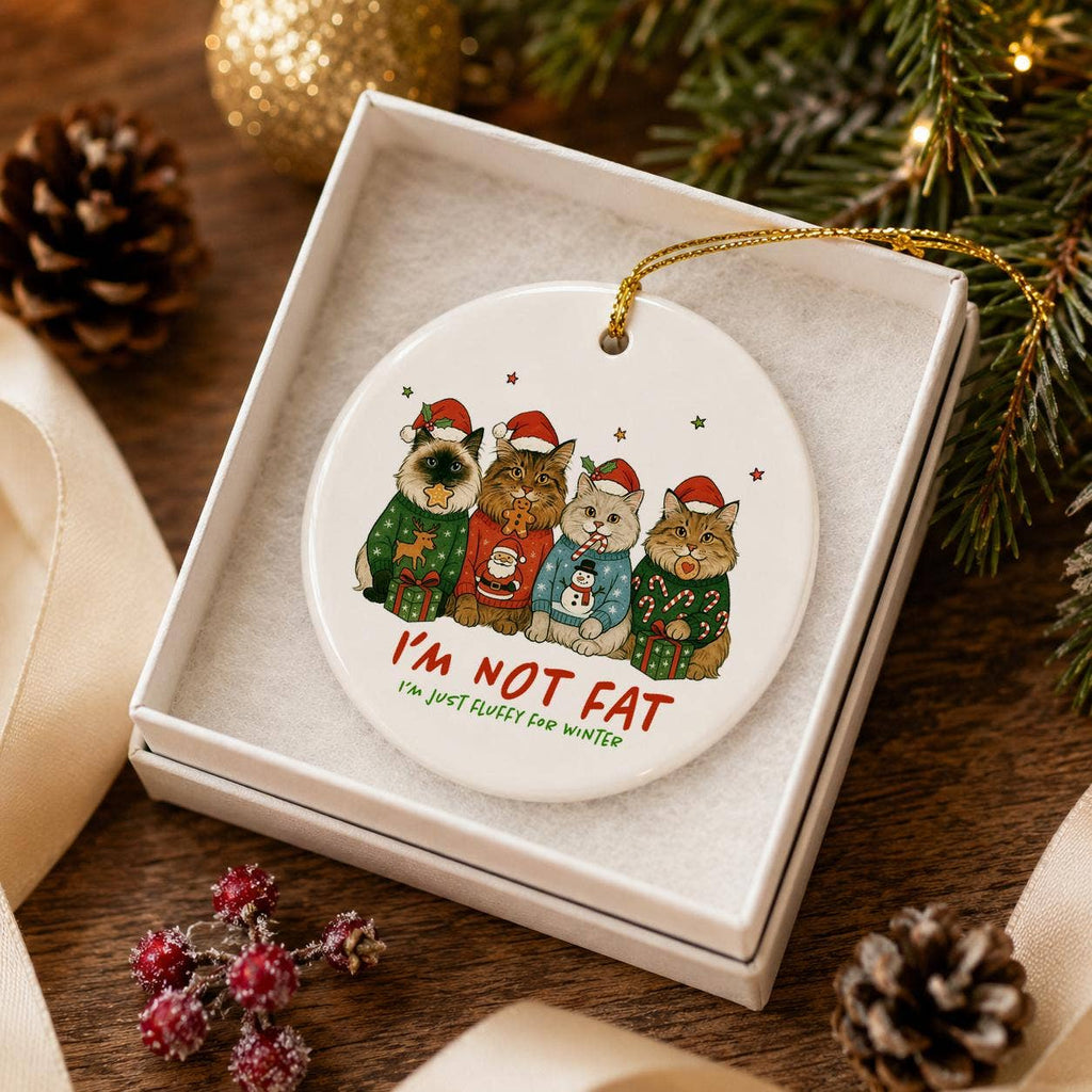 Humorous Fluffy Cats Ceramic Ornament with Sweaters & Gifts