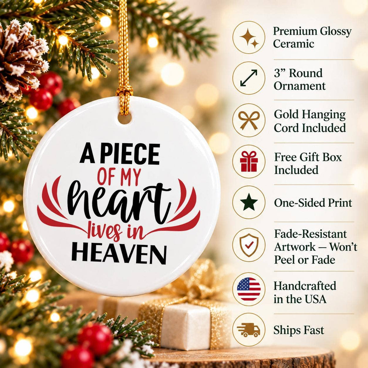 Memorial Heart Ceramic Ornament with Gift Box, Red Text