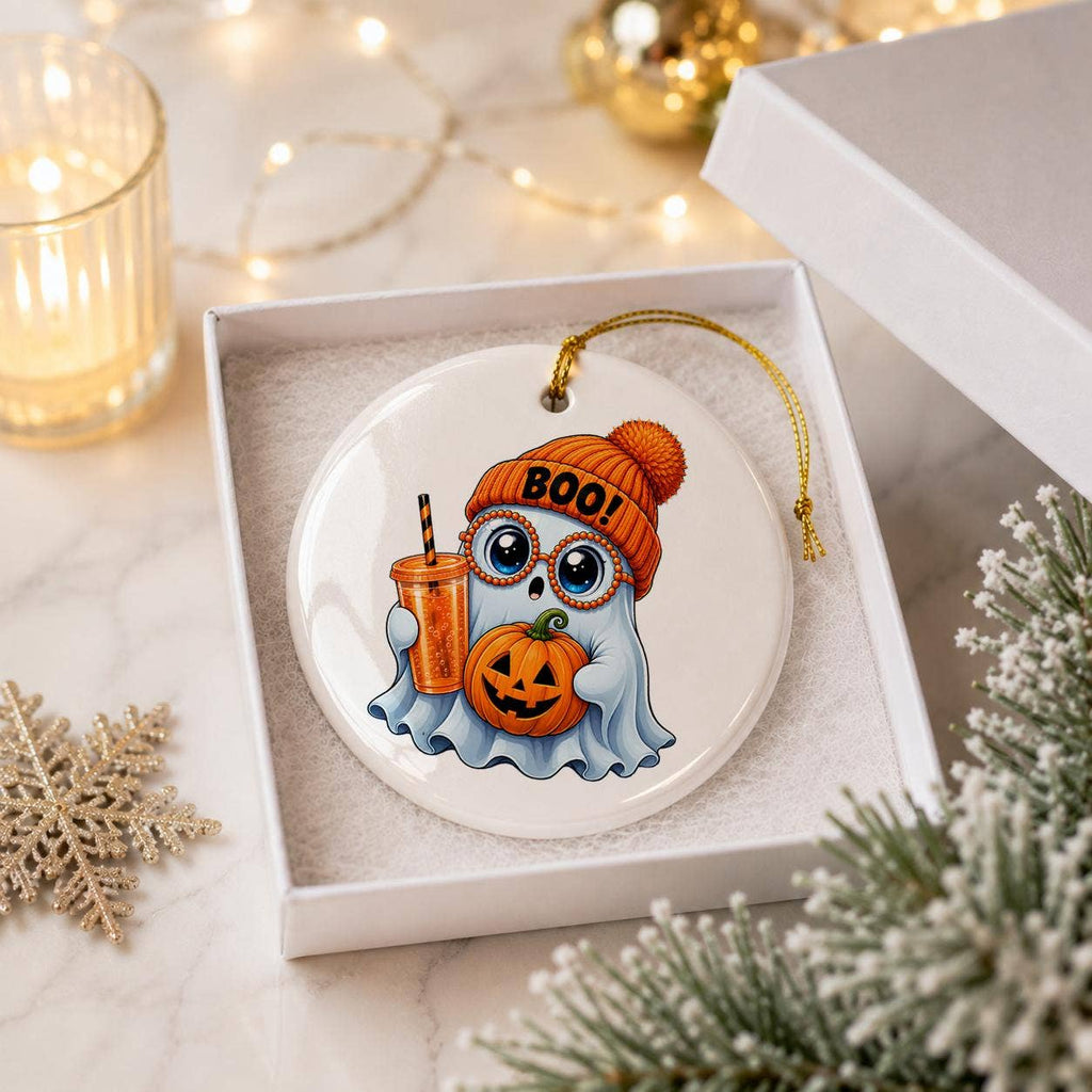 Ceramic Halloween Ghost Ornament with Pumpkin and Glasses