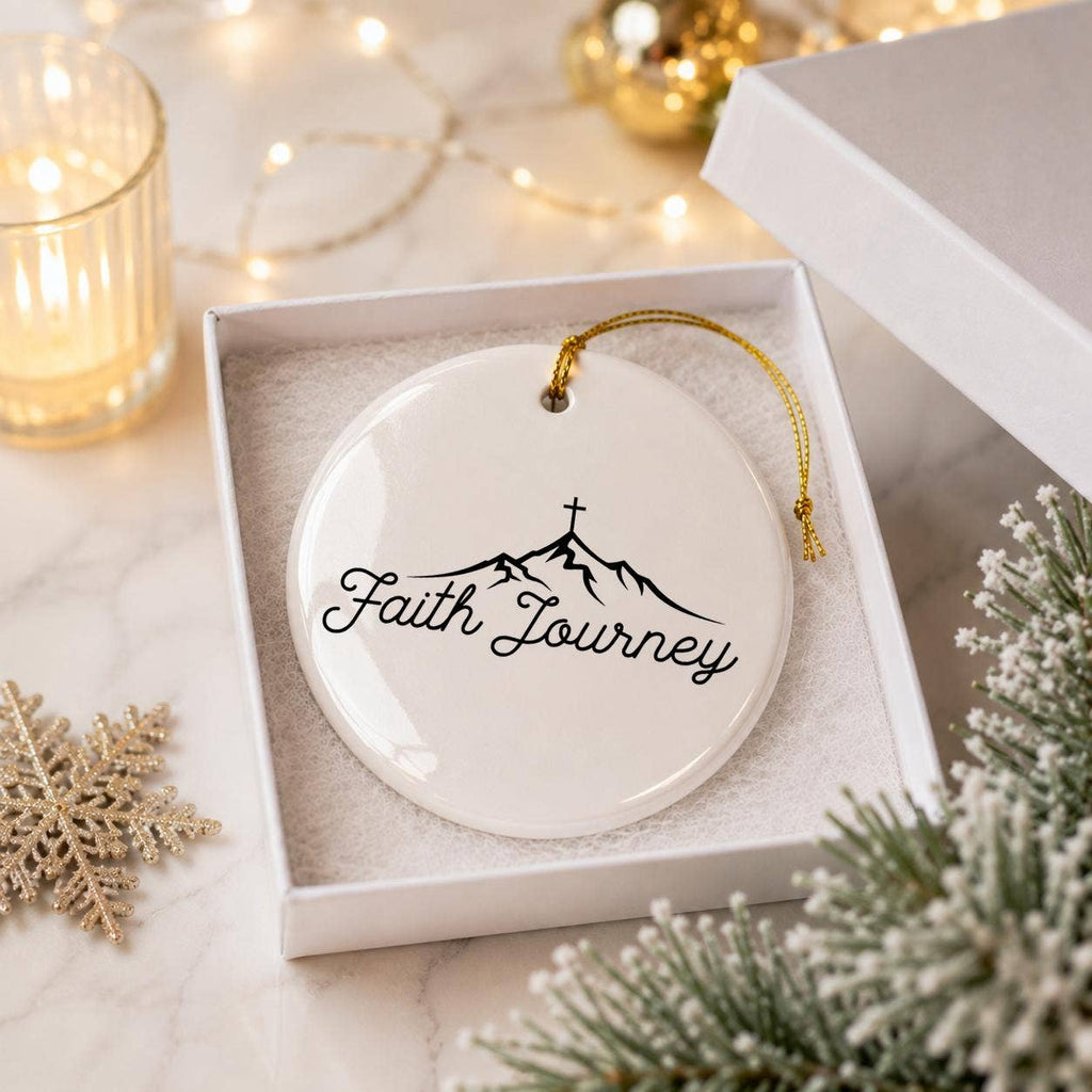 Faith Journey Mountain Cross Ceramic Ornament for Christmas
