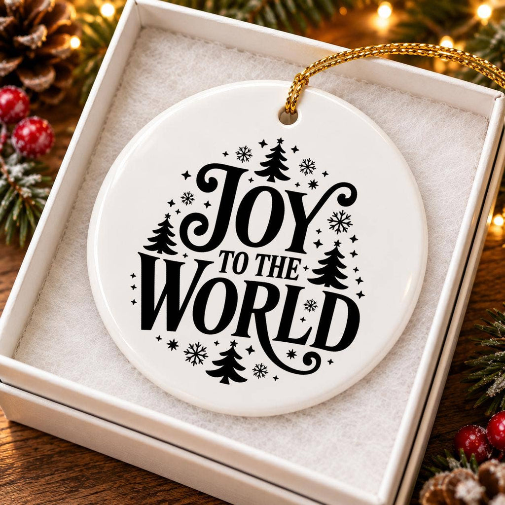 Joy to the World Ceramic Ornament with Snowflakes & Forest