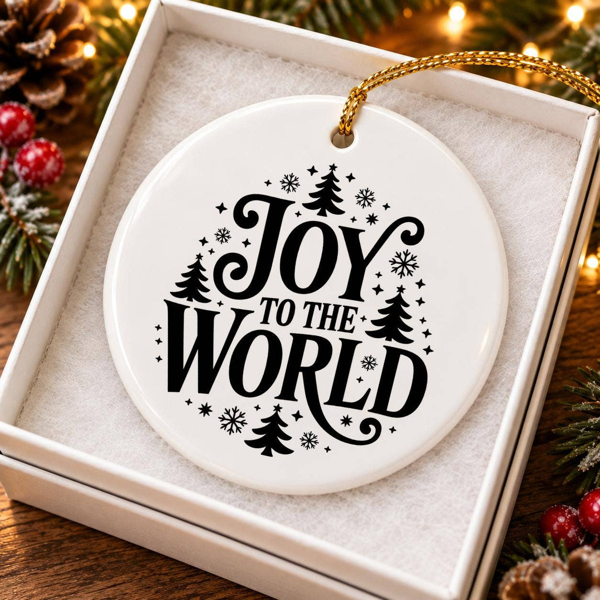 Joy to the World Ceramic Ornament with Snowflakes & Forest
