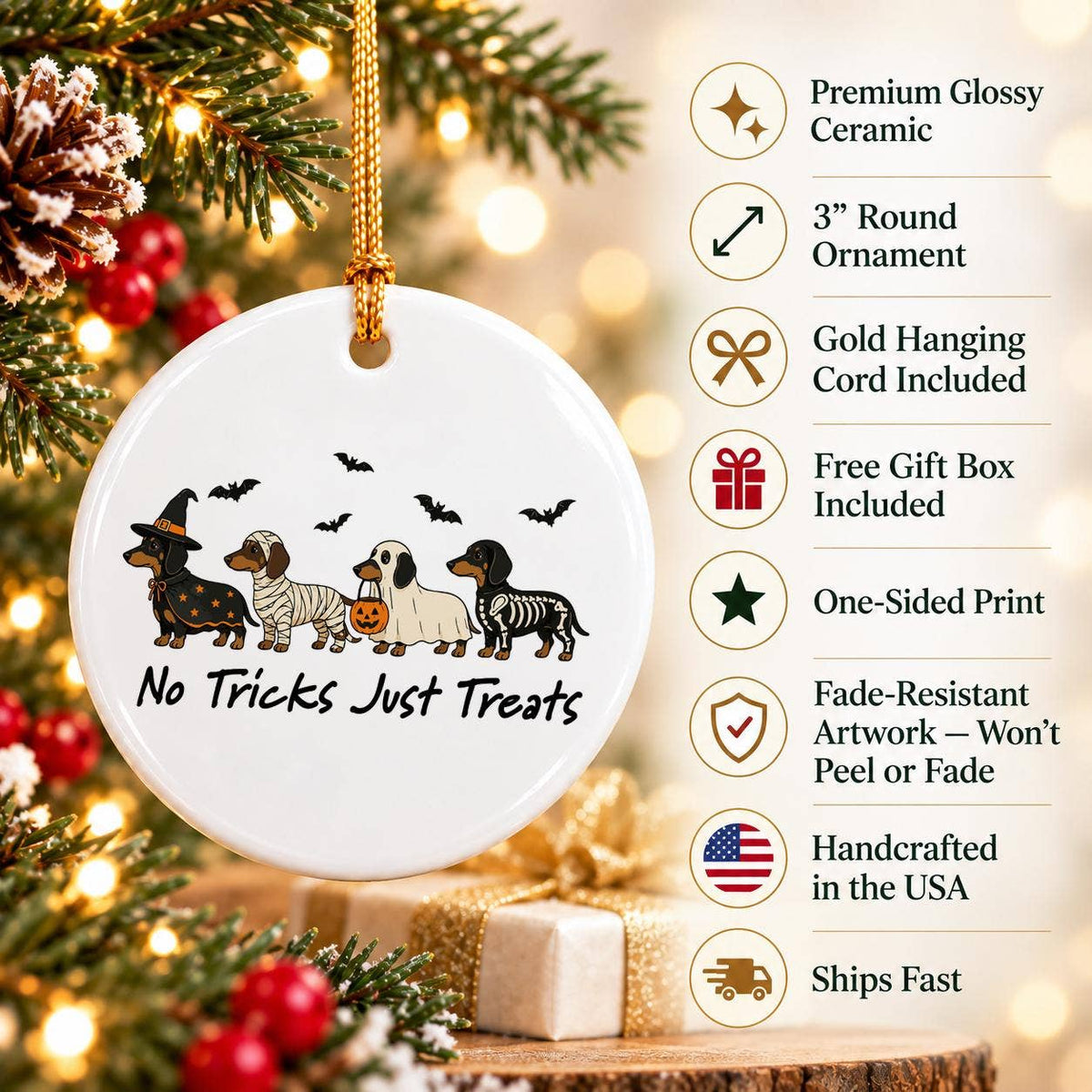 Ceramic Halloween Dachshund Ornament with Gift Box