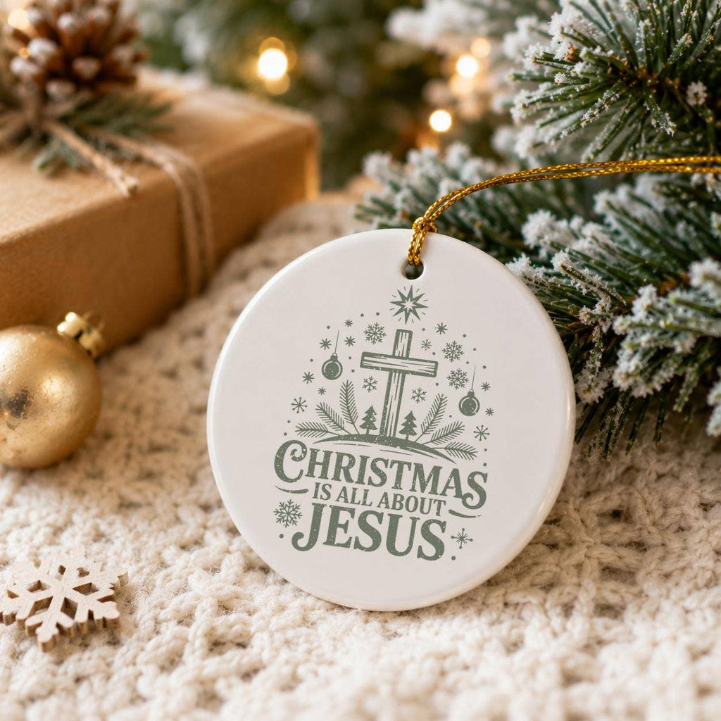 Elegant Green Ceramic Ornament with Cross, Snowflakes, Trees