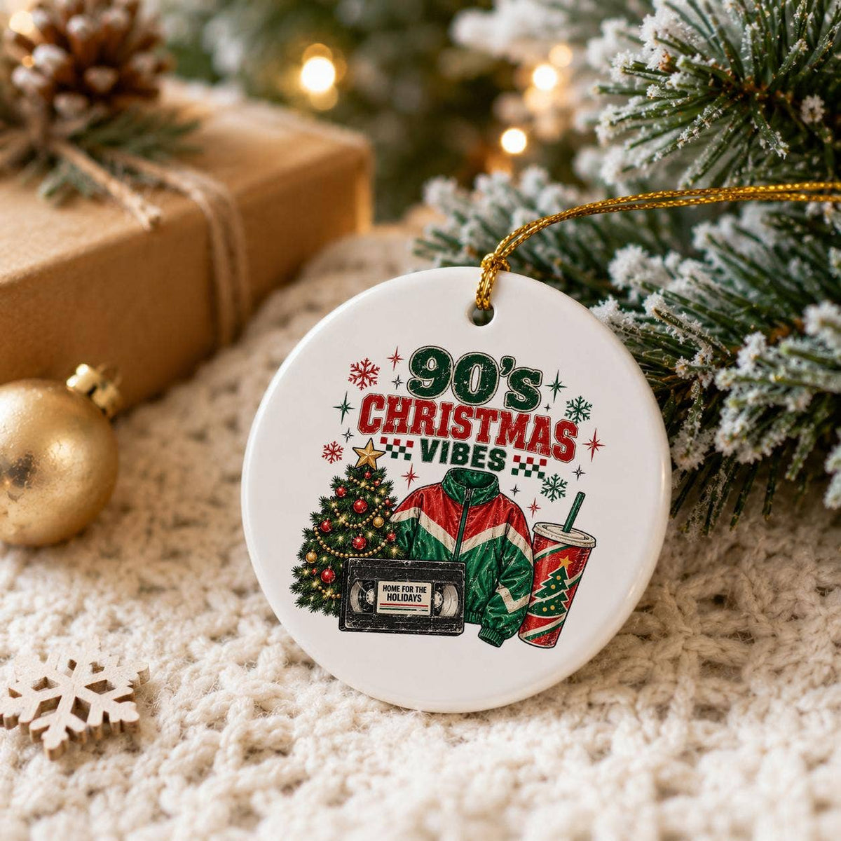 90s Christmas Vibes Ceramic Ornament with Gift Box