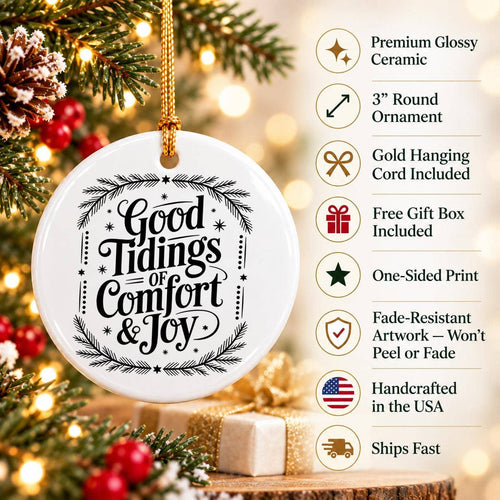 Ceramic Ornament with Evergreen and Good Tidings Gift Box