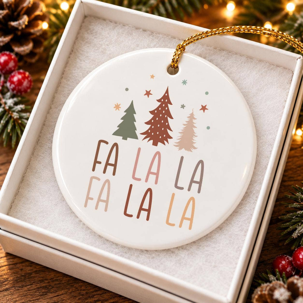 Fa La La Ceramic Ornament with Christmas Trees in Gift Box