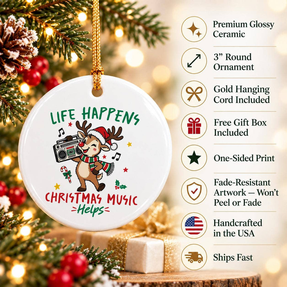 Christmas Reindeer Music Ceramic Ornament Gift Boxed