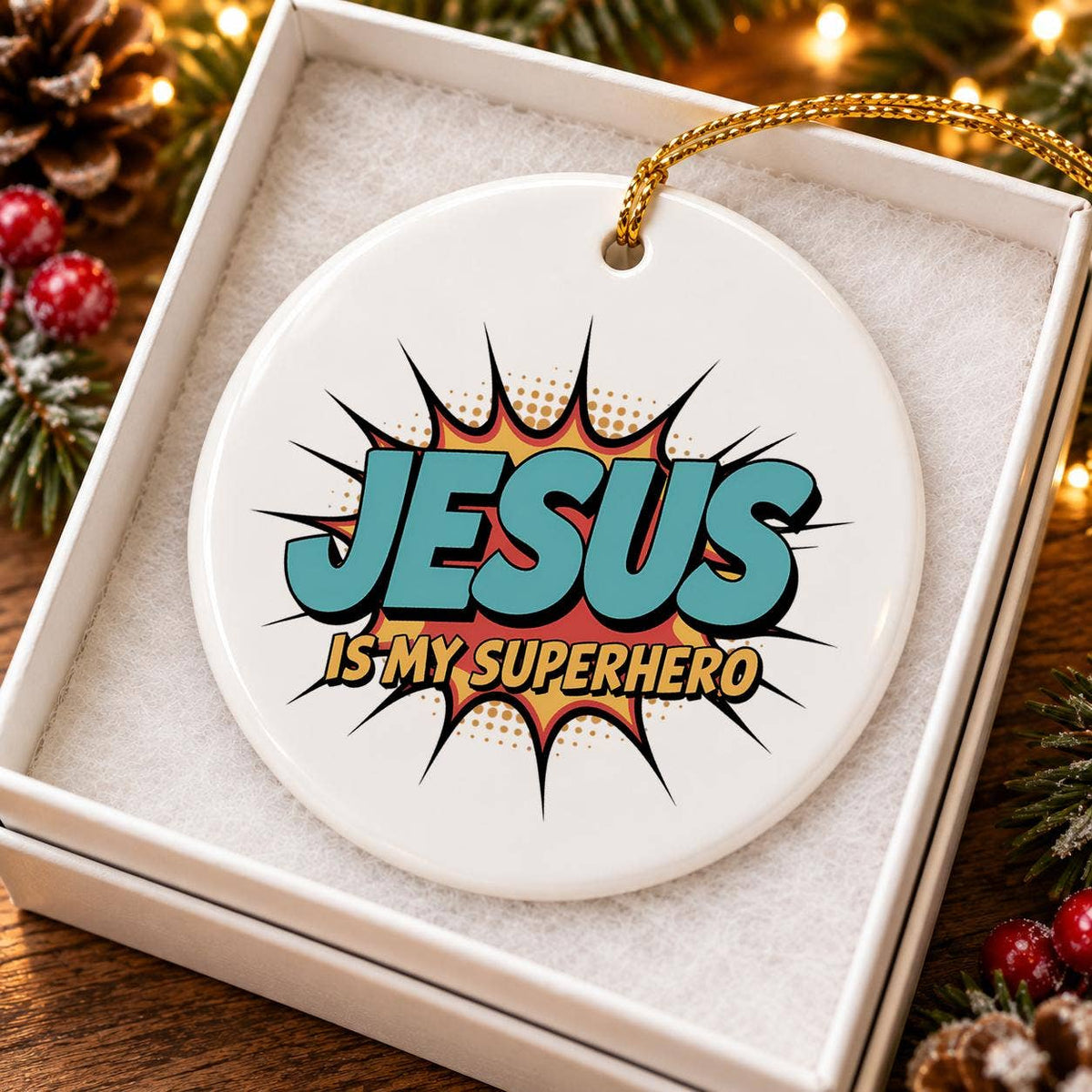 Jesus Is My Superhero Comic Ceramic Ornament for Christmas