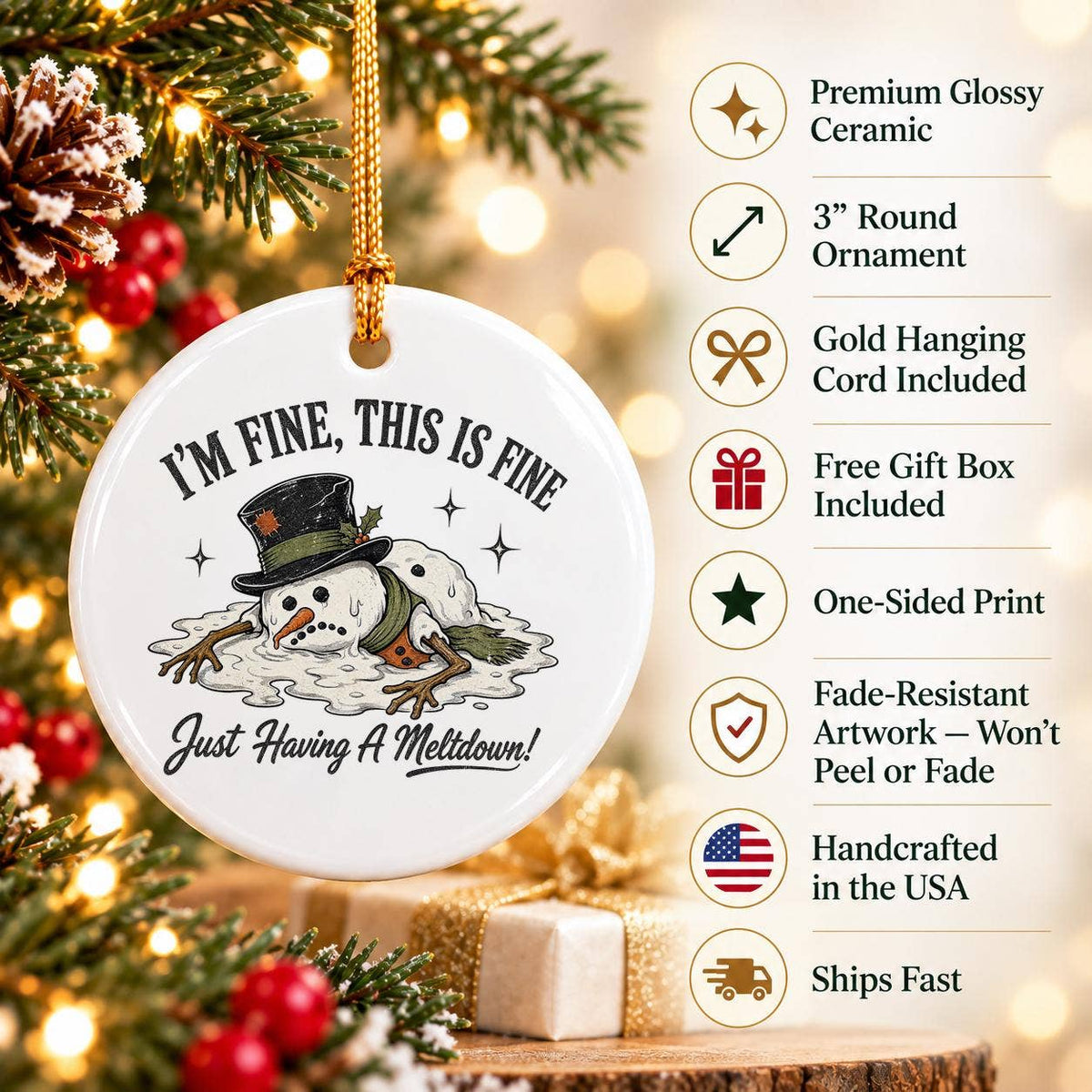 Humorous Snowman Meltdown Ceramic Christmas Ornament