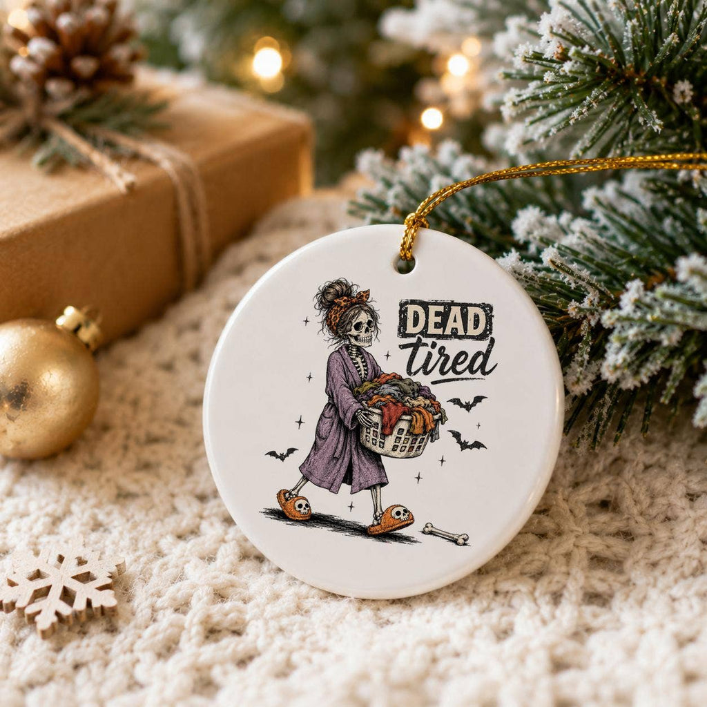 Whimsical 'Dead Tired' Skeleton Ceramic Halloween Ornament