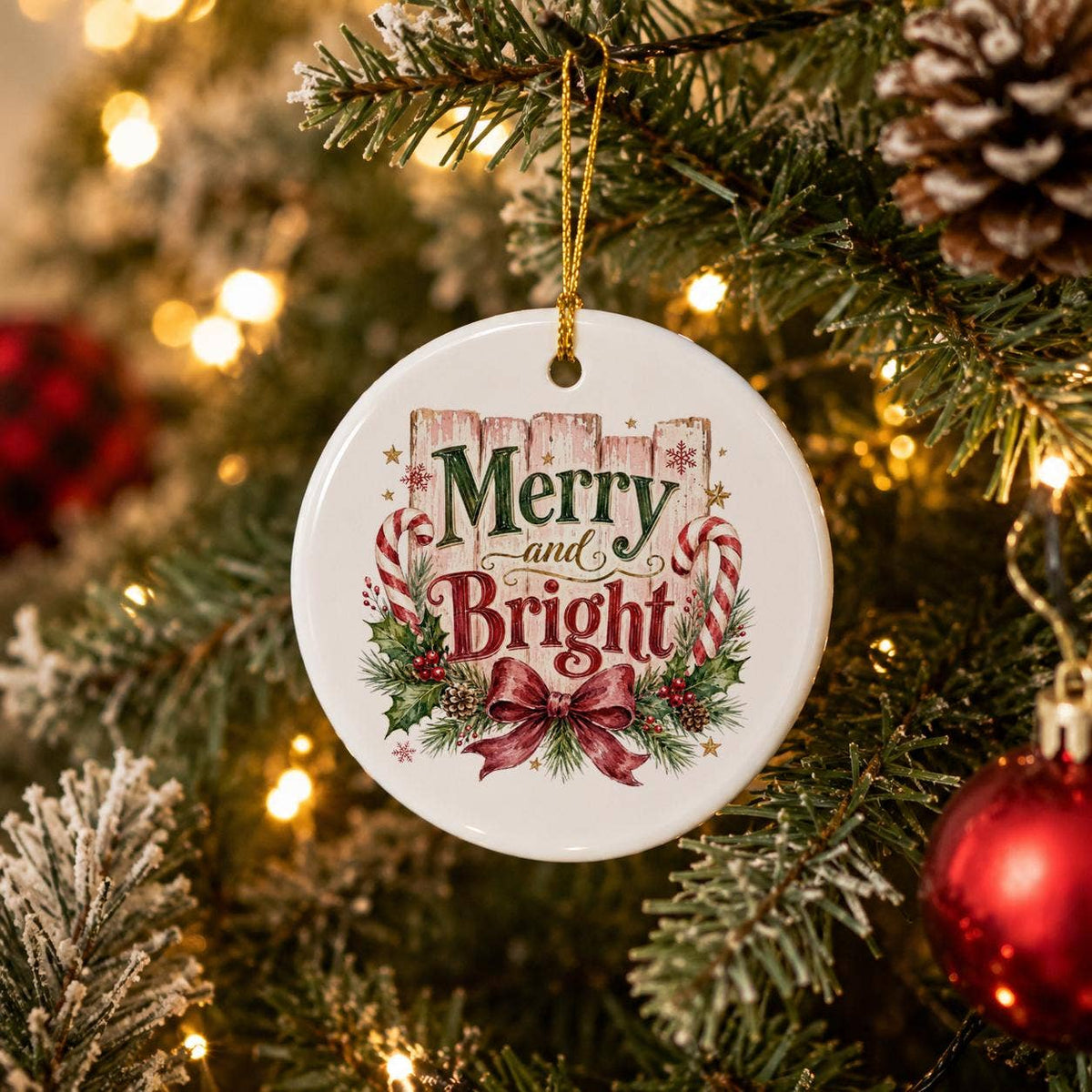Merry & Bright Ceramic Ornament with Candy Canes & Holly