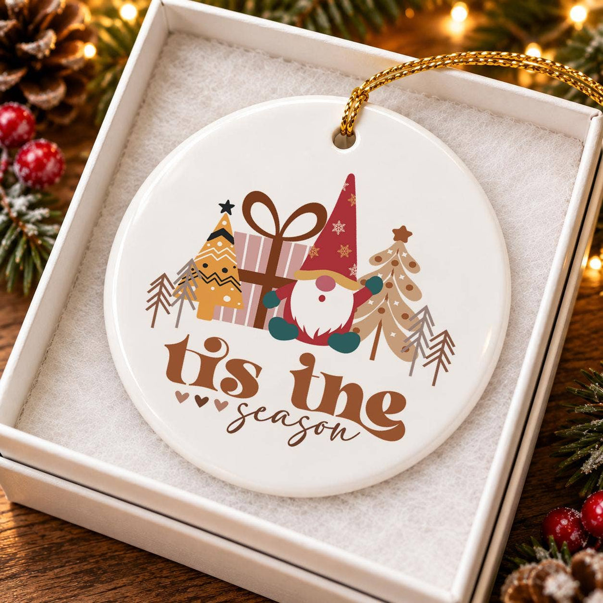 Festive Gnome Ceramic Ornament with Christmas Trees & Gifts