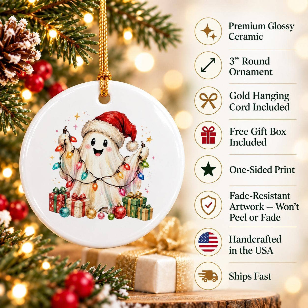 Ceramic Ghost with Santa Hat Christmas Ornament in Lights