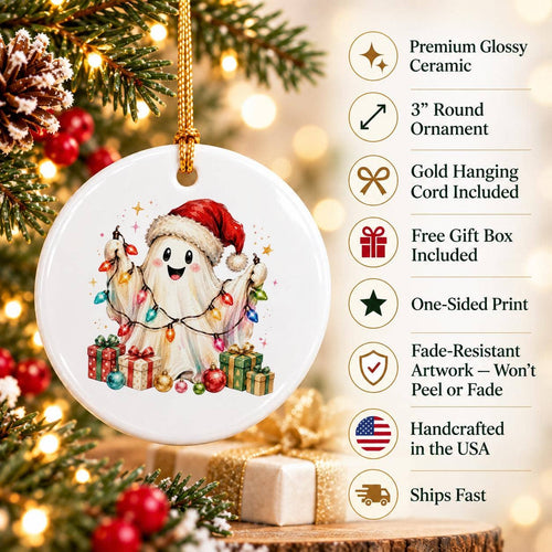 Ceramic Ghost with Santa Hat Christmas Ornament in Lights