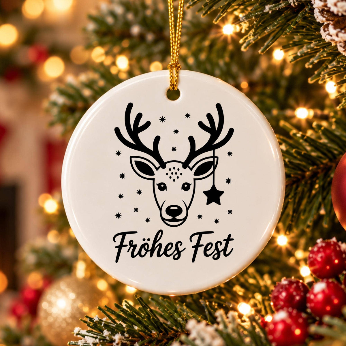 Fröhliche Fest Reindeer Ceramic Christmas Ornament