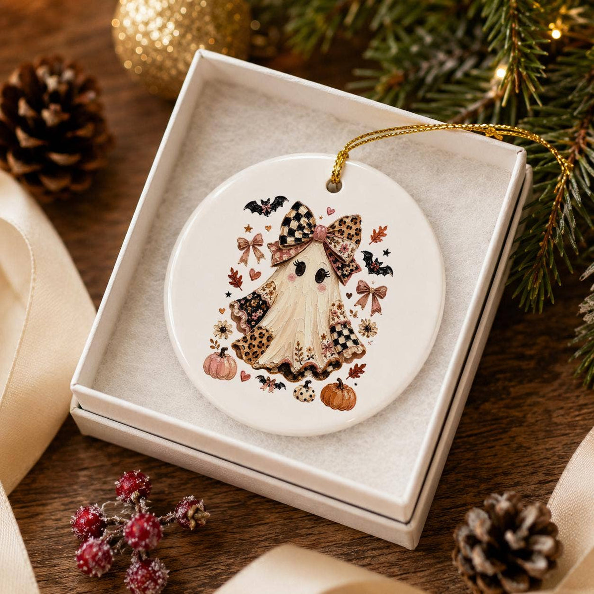 Whimsical Halloween Ghost Ceramic Ornament with Pumpkins