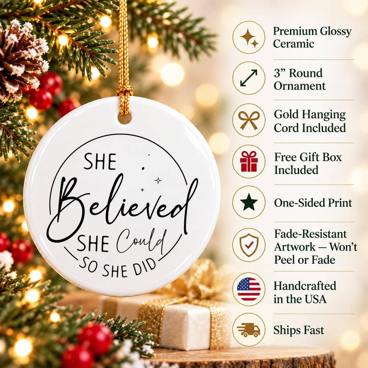 Elegant Ceramic Ornament: 'She Believed' Motivational Gift