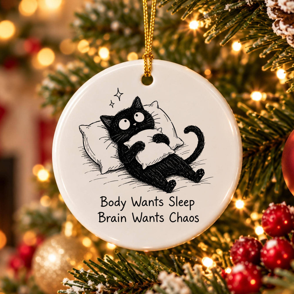 Whimsical Sleepy Cat Ceramic Holiday Ornament with Humor