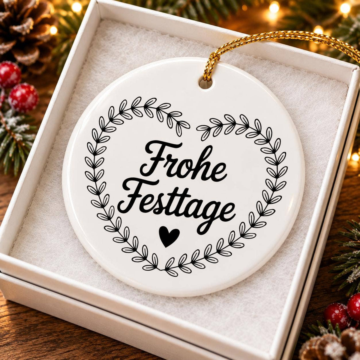 Heart Vine Motif 'Frohe Festtage' White Ceramic Ornament Box