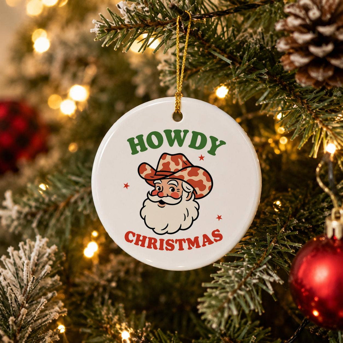 Western Cowboy Santa Ceramic Christmas Ornament Gift Boxed