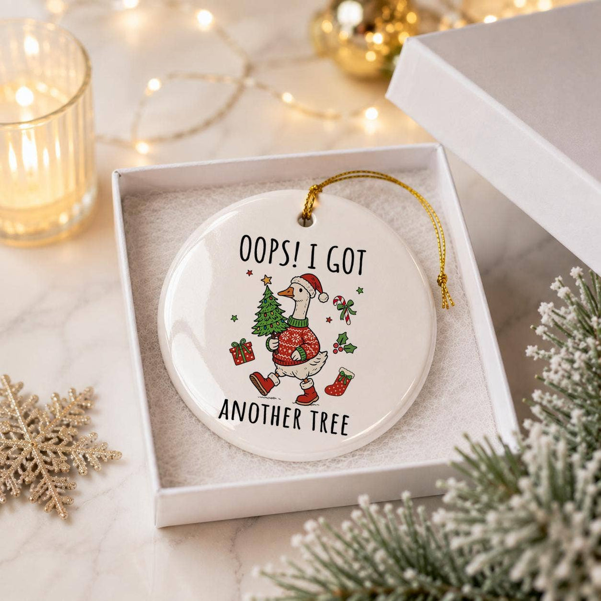 Goose in Festive Attire Humorous Ceramic Christmas Ornament