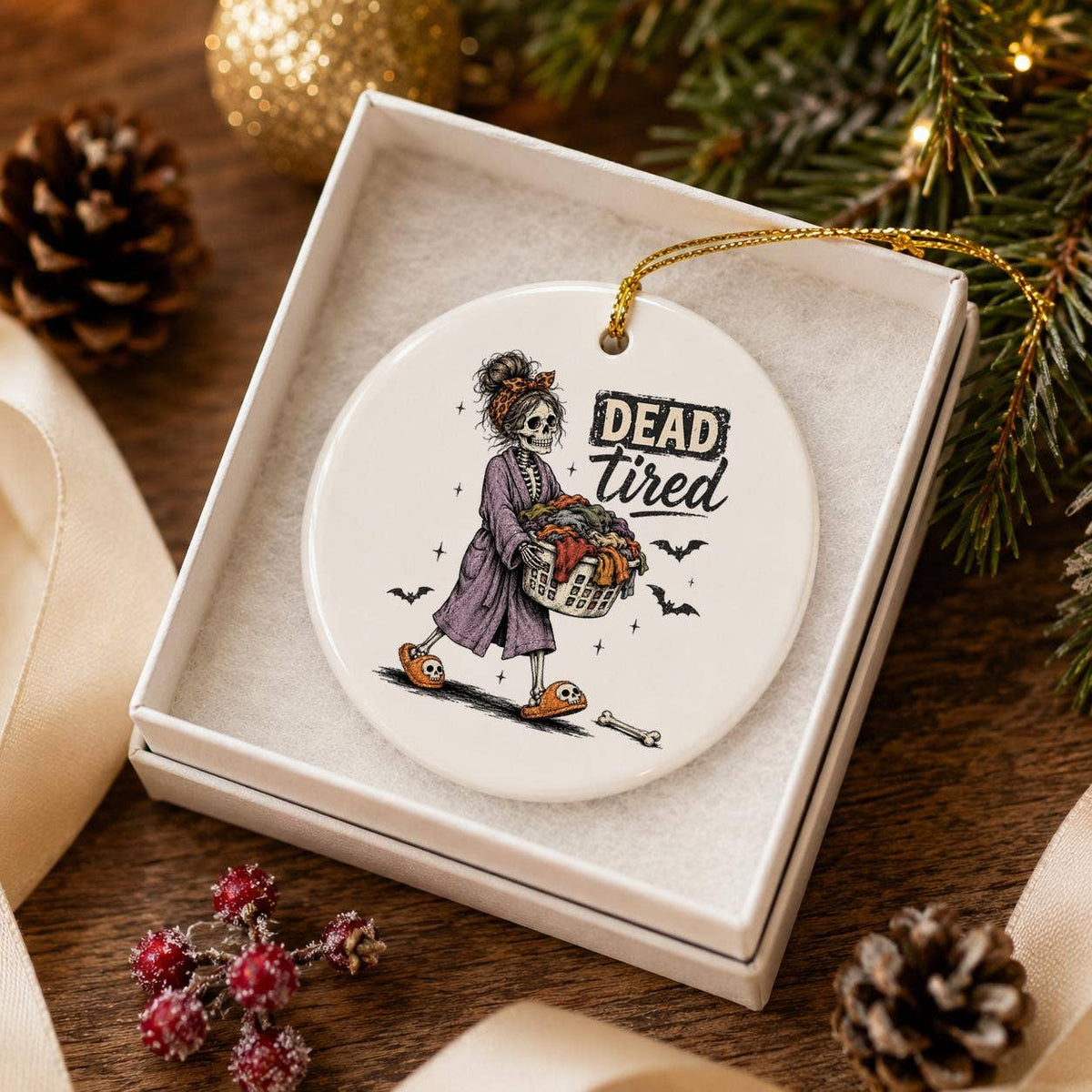 Whimsical 'Dead Tired' Skeleton Ceramic Halloween Ornament