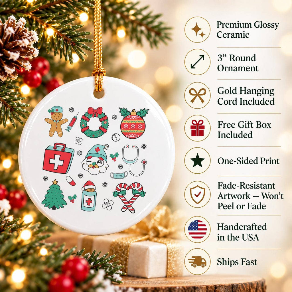 Gingerbread Nurse Ceramic Ornament with Gold Ribbon Gift Set