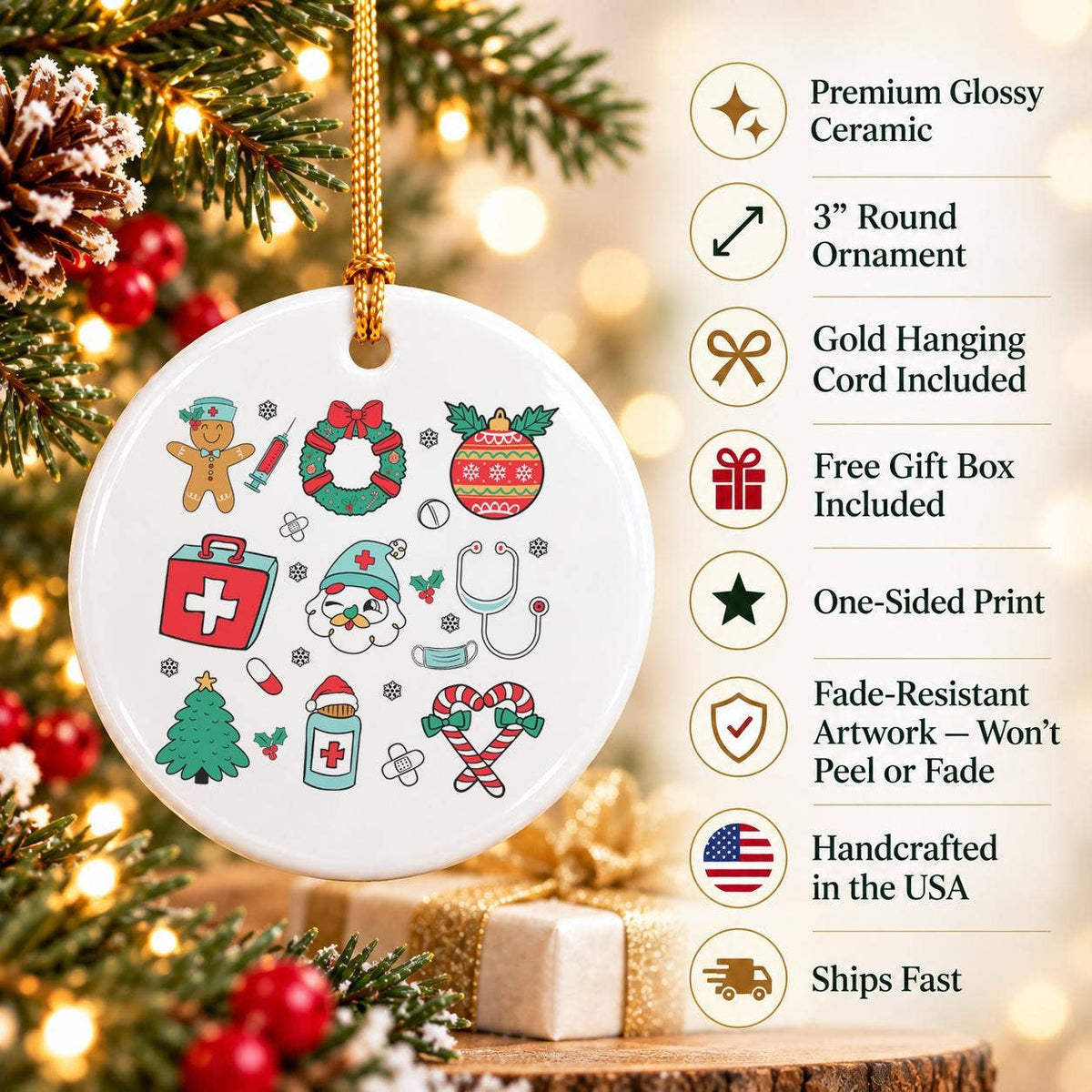 Gingerbread Nurse Ceramic Ornament with Gold Ribbon Gift Set