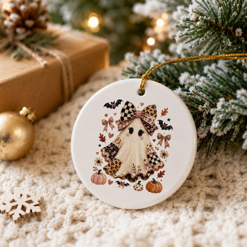 Whimsical Halloween Ghost Ceramic Ornament with Pumpkins
